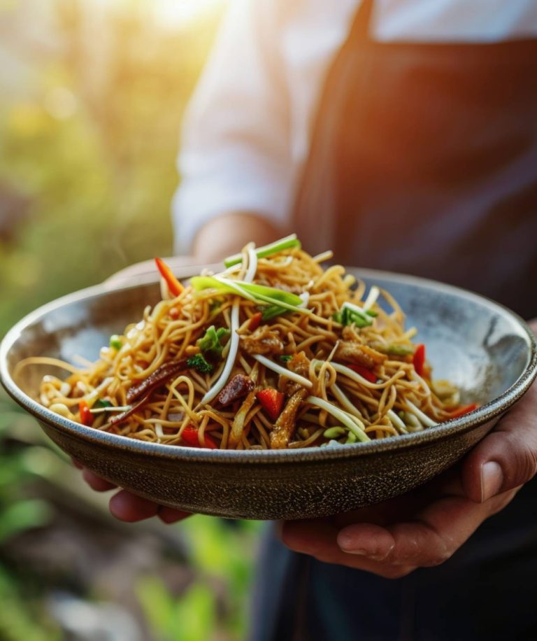 Gastronomic Journey: Chef Holding a Plate of Chinese Delicious Chow Mein with the Majestic Great Wall of China in the Background – A Fusion of Culinary and Cultural Delight