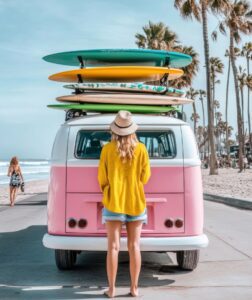 A woman in a yellow sweater admires surfboards stacked on a retro pink and white surf van at a sunny beach