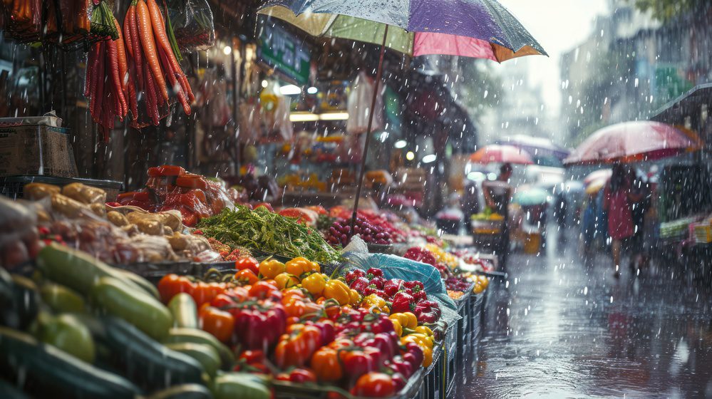 Pluie en Asie au marché 
