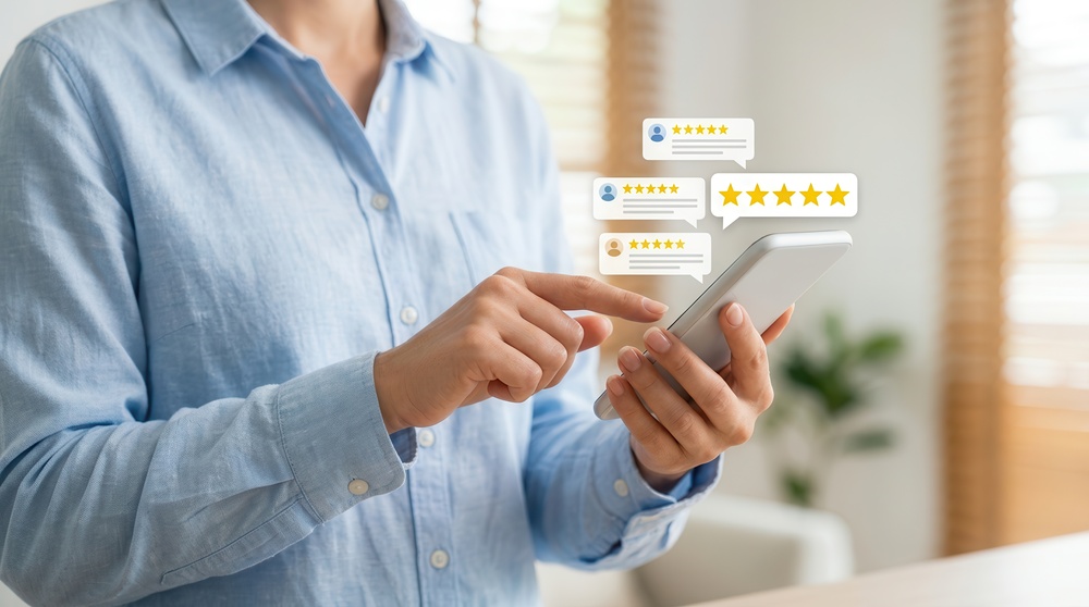 Un homme qui consulte les avis des clients sur son téléphone