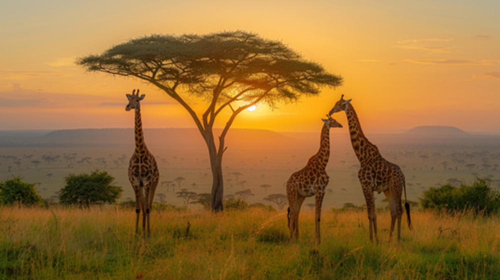 Coucher du soleil, girafes, safari