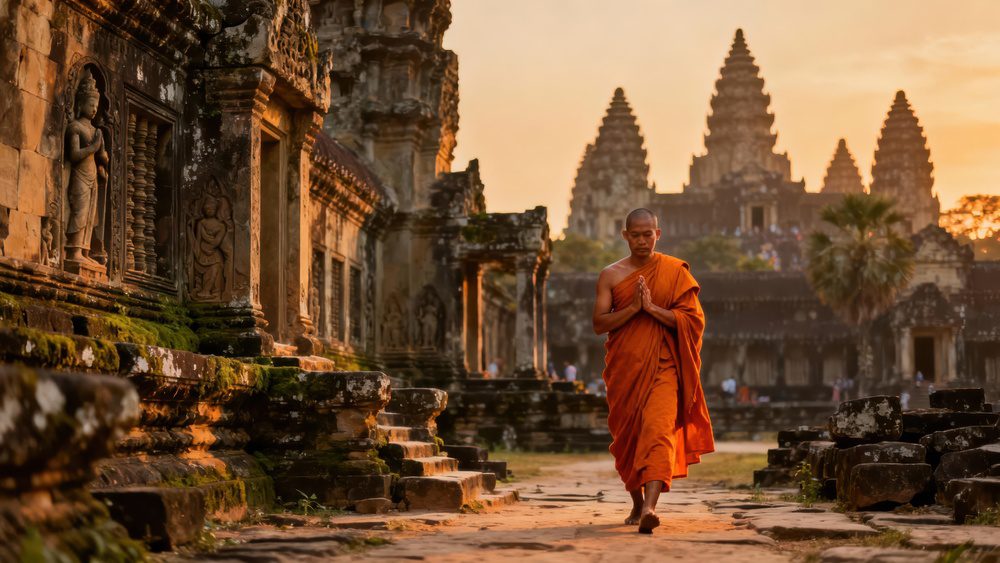 Moine au temple d'Angkor, Cambodge